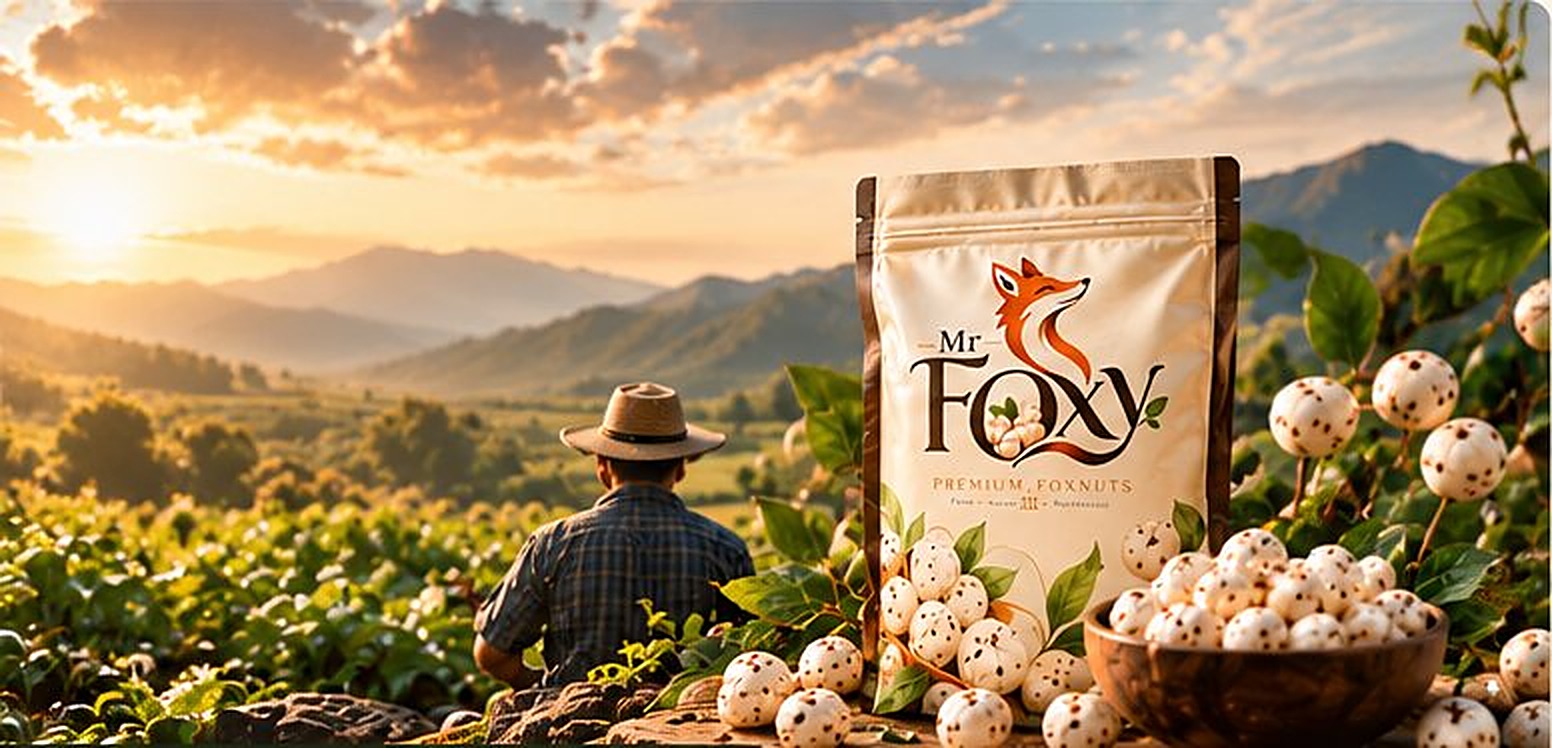 Farmer with Mr FOXY pack in a lotus field at sunset, from the Our Story sheet
